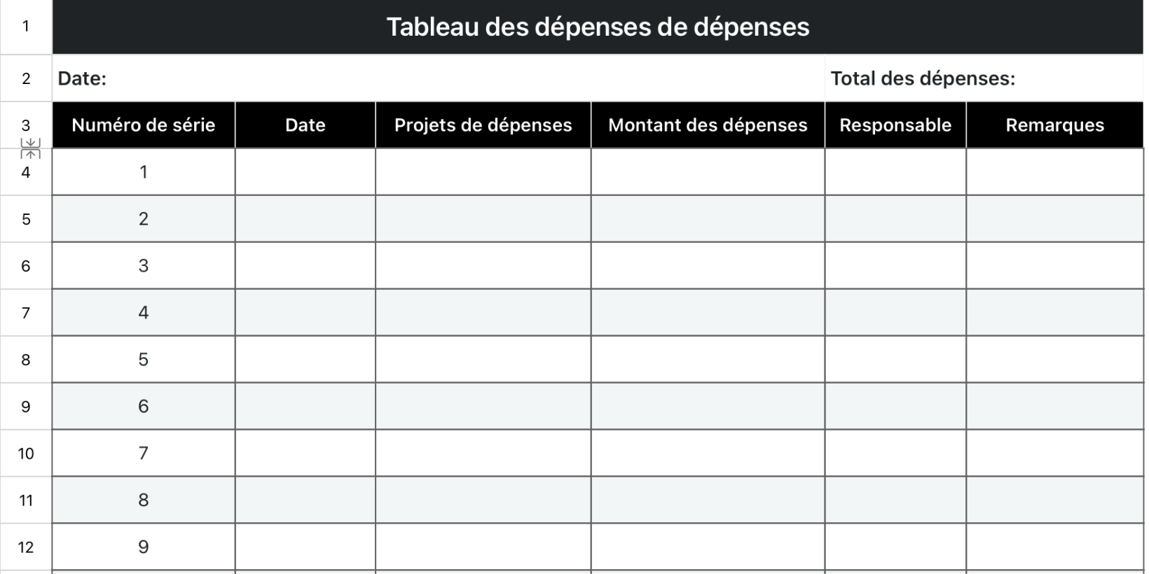 Tableau des dépenses de dépenses